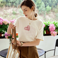 Olrain歐芮兒法式短袖T恤女夏季女裝愛(ài)心刺繡簡(jiǎn)約圓領(lǐng)寬松上衣 杏色 M