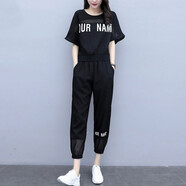 歌蜜奴 休閑褲女春夏季女裝新款時尚套裝女韓版寬松運(yùn)動褲套裝褲子 黑色 M（100-110斤）