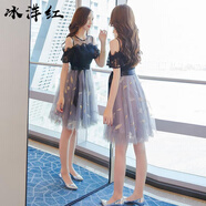 冰洋紅新款連衣裙女顯瘦蕾絲黑色連衣裙子女裝一字肩拼接網(wǎng)紗裙子夏 灰藍(lán)色 L_98-108斤