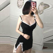奧義馳夏季新款主bo服裝性感吊帶V領(lǐng)低胸蝴蝶結蕾絲包臀a字連衣裙子 黑色【9019款】 XS