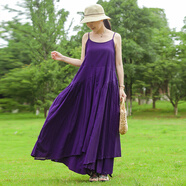 亂在江南海灘度假休閑木耳花邊棉質(zhì)吊帶長(cháng)裙純色簡(jiǎn)約夏季飄逸連衣裙 紫色 均碼