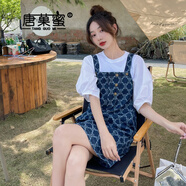 唐菓蜜牛仔背帶裙女夏季2024新款女裝百搭甜美泡泡袖小個(gè)子減齡連衣裙子 白色上衣+牛仔背帶裙 S