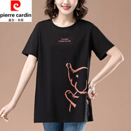 皮爾卡丹（pierre cardin）夏季新款中長款純棉短袖t恤女中年寬松遮肚子時(shí)尚洋氣上衣顯瘦 黑色 4XL 160斤-175斤
