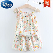 迪士尼（Disney）特價(jià)清倉(cāng)夏裝女童棉綢套裝上衣褲子女寶寶人造棉背心短褲兩件套裝 吊帶套薔薇 80 cm