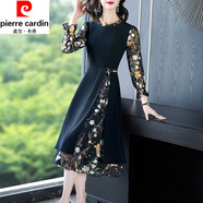 皮爾卡丹（pierre cardin）長(cháng)袖碎花拼接連衣裙女春秋季新款遮肉顯瘦過(guò)膝打底長(cháng)裙氣質(zhì)洋氣 黑色圓領(lǐng)提花 XL建議115-125斤