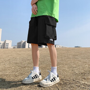 芷棠短褲男2024夏季新款青年潮流寬松直筒五分工裝中褲松緊口袋休閑褲 黑色 M
