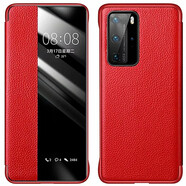 殼工坊 華為P40pro手機殼真皮P40pro+保護套智能喚醒視窗免翻蓋接聽(tīng)全包防摔外殼皮套 p40【激情紅】荔枝紋