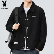 花花公子（PLAYBOY）夾克男外套男裝春秋季男士休閑翻領(lǐng)工裝潮流沖鋒上衣服 黑色 2XL