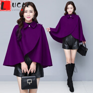 LUCALY斗篷披肩女秋冬款毛呢外套女秋冬季2021新款呢子大衣短款披肩洋氣外搭披風(fēng)斗篷坎肩 紫色 3XL 建議150-170斤