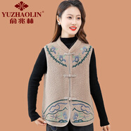 俞兆林（YUZHAOLIN）媽媽秋冬裝復(fù)古盤扣羊羔絨馬甲外套中老年女短款刺繡國風(fēng)坎肩背心 卡其色 2XL (參考110-125斤)