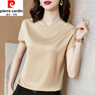 皮爾卡丹（pierre cardin）真絲短袖T恤女夏季新款時(shí)尚洋氣寬松小衫氣質(zhì)高端桑蠶絲上衣顯瘦 杏色 《歐貨氣質(zhì)洋氣減齡女裝》 L (110-120斤)