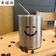 囤柒吸管保溫杯創(chuàng  )意表情咖啡杯隨行杯ins小眾保溫杯子帶吸 佛系款(銀)