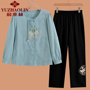 俞兆林（YUZHAOLIN）中老年女裝長(zhǎng)袖媽媽春秋套裝新款奶奶棉麻T(mén)恤中式國(guó)風(fēng)襯衫兩件套 藍(lán)色 + 黑色闊腿褲套裝 XL (參考90-105斤)