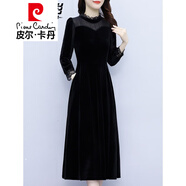 皮爾卡丹黑色金絲絨連衣裙女士長(cháng)袖打底裙高端氣質(zhì)中長(cháng)裙早秋款裙子配衣 黑色 L