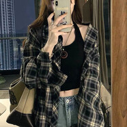 QGF小香風(fēng)格子襯衫女春秋季新款港味chic內(nèi)搭上衣寬松設(shè)計感襯衣外套 8386藏青色 2XL