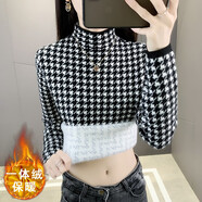 璦優(yōu)霏針織衫女加絨加厚半高領(lǐng)毛衣女秋冬一體絨新款韓版百搭休閑減齡氣質(zhì)修身顯瘦洋氣千鳥(niǎo)格保暖打底衫女 黑白色 S建議90斤左右