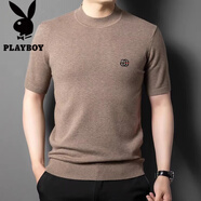 花花公子（PLAYBOY）針織半袖男春秋冬款羊毛衫短袖毛衣加厚冬季男士五分袖厚款土t恤 12121駝色 XL 建議140-160斤