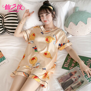 仙之儀睡衣女夏季短袖短褲卡通可愛仿真絲休閑韓版冰絲家居服兩件套裝