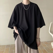 COLORFUL GEMS冰絲短袖恤男夏季垂感五分寬松韓版潮流美式體恤 黑色 2XL