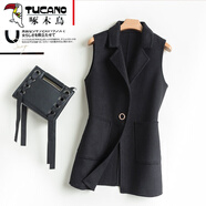 啄木鳥(niǎo)雙面舒適大衣女新款中長(cháng)款毛呢外套背心馬甲一?？?黑色 XL