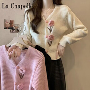 拉夏貝爾（La Chapelle）百搭法式小香風(fēng)V領(lǐng)針織衫開(kāi)衫立體花朵毛衣外套韓系顯瘦外穿 純100自動(dòng)發(fā)熱白色 (小花) 純100自動(dòng)發(fā)熱L 105-115斤