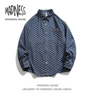 MADNESS HOUSE潮牌美系高街牛仔長袖襯衫男女款情侶千鳥格休閑百搭寬松上衣外套 藍色 S（推薦體重100-120斤）