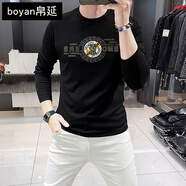 帛延（boyan）歐貨潮牌B家高級燙鉆長(cháng)袖男t恤秋季新款時(shí)尚男裝百搭修身內搭體恤 黑色 XL