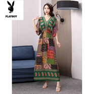 花花公子（PLAYBOY）波西米亞棉綢碎花連衣裙長(cháng)款前后V領(lǐng)沙灘裙氣質(zhì)泰國度假長(cháng)裙旅游 方塊綠 2XL