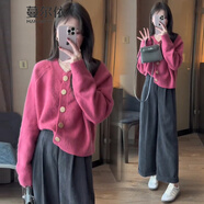 蔓爾依休閑褲女裝春秋季2025新款小香風(fēng)氣質(zhì)毛衣開(kāi)衫闊腿褲時(shí)尚穿搭套裝 玫粉上衣+灰色褲子 L