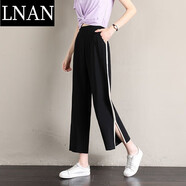 LNAN七分褲女夏季新款百搭顯瘦休閑褲女薄款寬松直筒高腰開(kāi)叉闊腿褲 黑色9分5082# L[建議101-120斤]