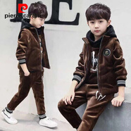 皮爾卡丹（pierre cardin）三件套男童加絨加厚套裝中大兒童秋冬衣服帥氣網(wǎng)紅運動(dòng)潮童裝男孩 爪痕咖啡(雙面絨三件套) 140 :(身高1米3以下)