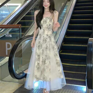 沐悠羽唯美花朵扎染流光印花吊帶碎花連衣裙女度假風(fēng)感絕美網(wǎng)紗中長裙子 杏色連衣裙 S 建議85-95斤