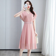 桂雪格夏季短袖連衣裙女裝2024新款韓版高腰顯瘦時(shí)尚中長(cháng)款氣質(zhì)雪紡裙子 粉色 M （80-100斤）