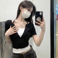 蘭威費雷假兩件掛脖上衣女辣妹v領(lǐng)夏新款正肩設計感小眾拼接短袖t恤女 黑色拼白【版】 S 【建議80-96斤】