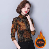 瑤益亮絲打底衫女春秋印花高領(lǐng)保暖網(wǎng)紗上衣百搭長(zhǎng)袖t恤加絨小衫 黃色/加絨6092# XL