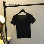 Mirza Mirror冰絲短款短袖T恤女打底衫夏季新款百搭套頭漏肚臍花邊針織T恤上衣 黑色 均碼