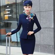 蘭威費雷空姐制服航空職業(yè)套裝女收銀服務(wù)員酒店接待前臺秋冬美容師工作服 深藍色：外套+裙 S