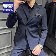 羅蒙（ROMON）高檔定制雙排扣條紋西服套裝男士新郎結婚禮服商務(wù)休閑修身西裝男 藏青西服+西褲 XL 碼(贈+胸針+口袋巾)