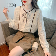 HKBQ輕奢實(shí)拍秋冬新款韓版百搭拼接加厚蕾絲打底衫女長(cháng)袖蕾絲 米白色 L