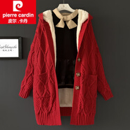 皮爾卡丹（pierre cardin）2025新減齡粗棒針麻花毛衣外套加絨加厚女秋冬寬松休閑中長款連帽 大紅 全身加絨 S (80-100斤)