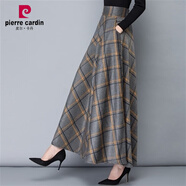皮爾卡丹（pierre cardin）冬季毛呢長裙半身裙加厚a字裙高腰大擺長裙純色大I碼呢子冬長裙女 灰黃格子 XL 2.4尺-2.5尺