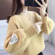 FNBG軟糯仿水貂絨毛衣女2024短款秋冬內(nèi)搭針織衫新款慵懶風(fēng)燈籠袖上衣 淺黃色 S 建議80-95斤