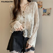 FOURDATRY鏤空開(kāi)衫薄款女外搭罩衫夏季新款蕾絲鉤花披肩仙氣上衣外套 杏色 均碼 【75斤-120斤】