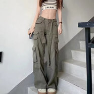 蘭威費(fèi)雷美式復(fù)古嘻哈寬松多口袋褲女腰帶工裝風(fēng)工裝褲SN618050966 灰綠色 L