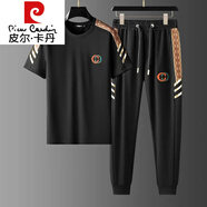 皮爾卡丹（pierre cardin）夏季商務(wù)冰絲休閑套裝男士歐洲站輕奢高端短袖長褲拼接運動套裝男 黑色長褲套裝 M