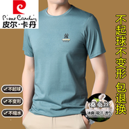 皮爾卡丹高檔男裝桑蠶絲短袖t恤男士夏季新款冰|絲光棉汗衫圓領(lǐng)半袖體恤潮 6363霧藍 L 170建議120-135斤