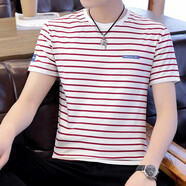 普鴕 夏季衣服男新款圓領(lǐng)條紋短袖T恤純棉潮牌青年打底衫半袖上衣體恤 紅色 XXXL