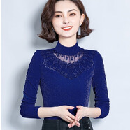 在禮蕾絲打底衫女長袖2025秋冬上衣半高領(lǐng)修身T恤女士秋衣外穿小衫 藍(lán)色 加絨加厚  L 建議100-110斤穿
