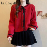 拉夏貝爾（La Chapelle）新中式毛衣針織衫女系帶上衣2024小香風(fēng)春秋寬松洋氣開(kāi)衫外套 純100自動(dòng)發(fā)熱紅色 純100自動(dòng)發(fā)熱S 建議85-95斤