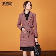 海青藍（CYANINE SEA）時(shí)尚簡(jiǎn)約氣質(zhì)含羊毛千鳥(niǎo)格呢子大衣冬西裝領(lǐng)領(lǐng)雙排扣保暖外套女 格子 M